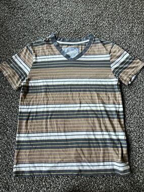 Mambo Men's Striped V-Neck Short Sleeve T-Shirt Gray Brown White M Cotton Knit